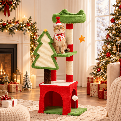 Cat enjoying the Merry Climber festive Christmas cat tree