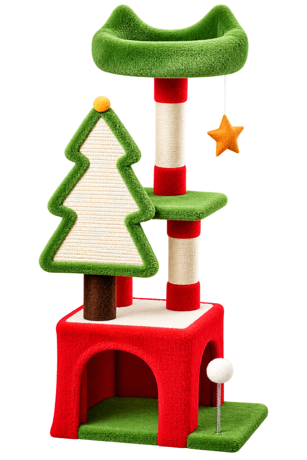 The Merry Climber Christmas cat tree with scratching posts, platforms and toys