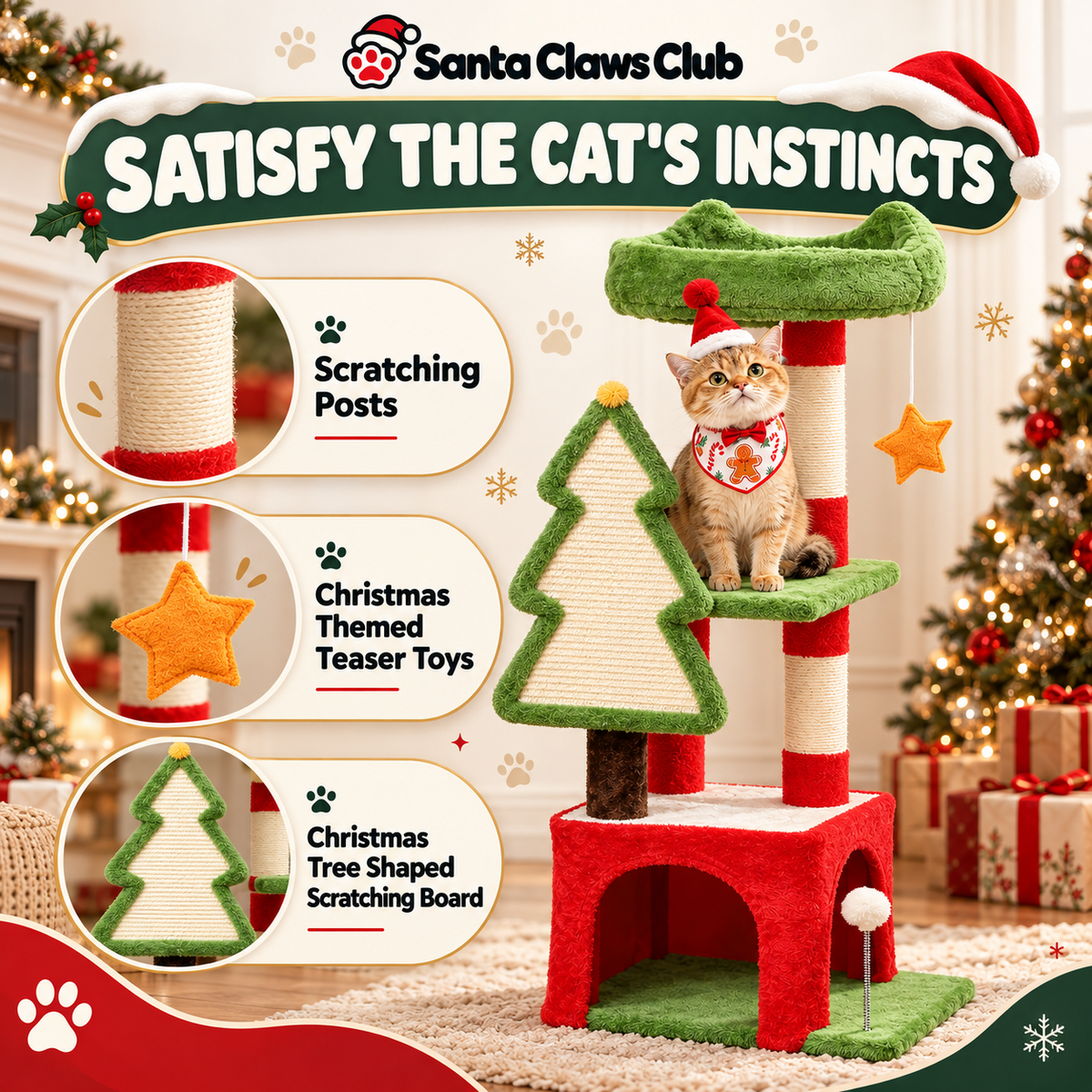 Merry Climber cat tree features — scratching posts, hanging star toy and tree-shaped scratcher
