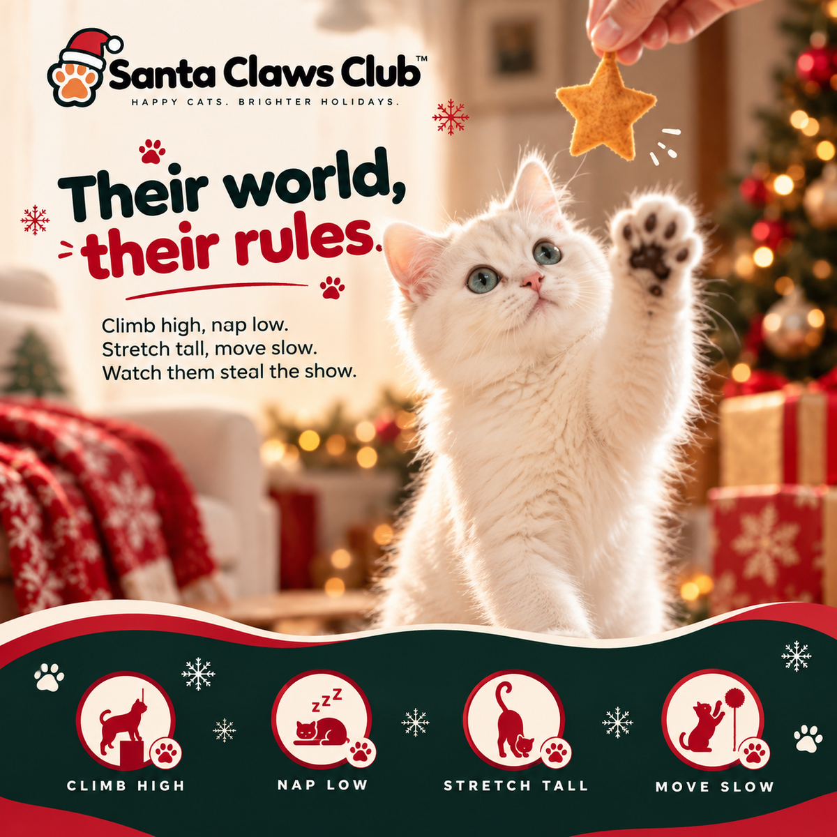 Santa Claws Club Christmas kitten brand banner — their world, their rules